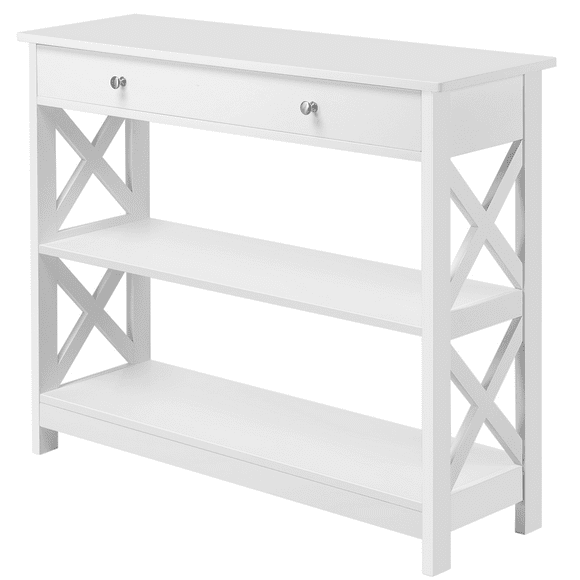 Fullfurnique Wooden Console Table with 1 Drawer and 2 Open Shelves, White