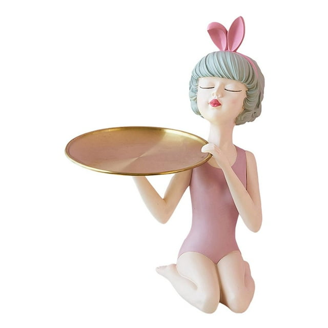 Figura de niña artesanal de resina, estatua de pie, escultura, estantería, escritorio, divertida con bandeja rosa