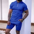 thumbnail image 2 of Wyobmus Men's Short Set 2 Piece Summer Beach Outfits Solid 1/4 Zipper Short Sleeve T-Shirts and Drawstring Shorts Set Blue, 2 of 9
