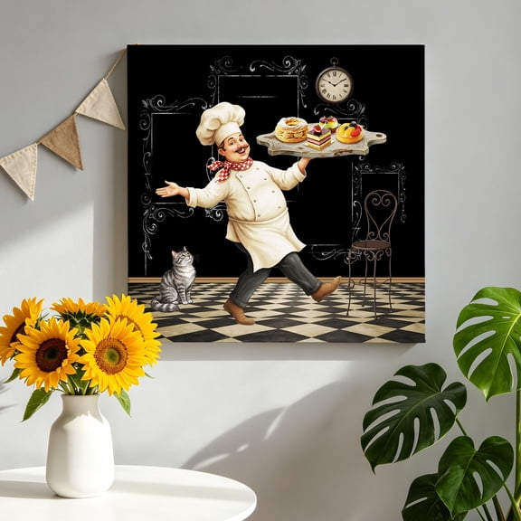 Chef Canvas Wall Art for Living Room, Rustic Vintage Kitchen French Country Dessert Cake Clock Cat Poster Print Painting for Nightstand Bathroom Collage Decoration Wall Pictures Prepare To Hang 8"x8"