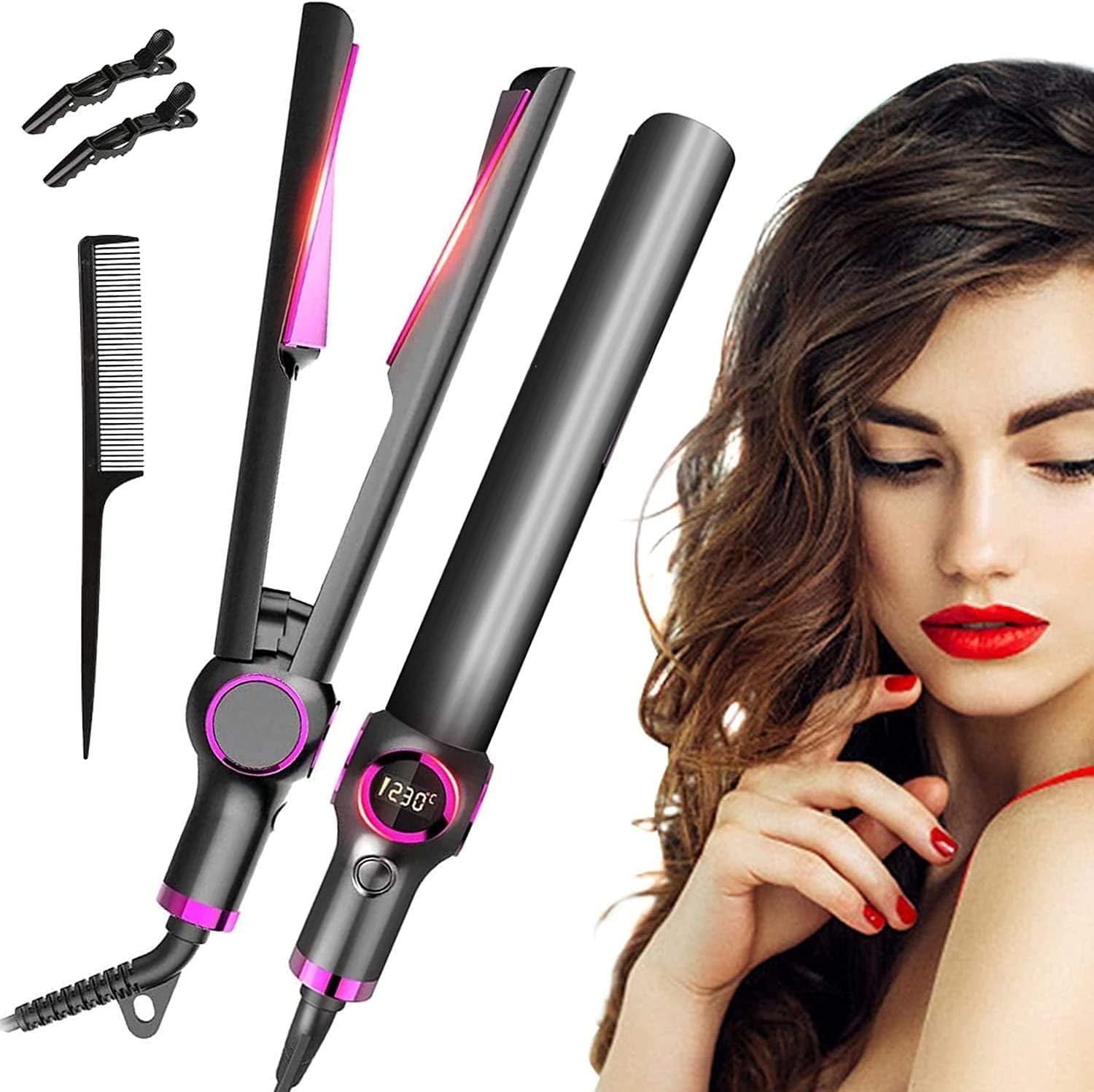 Hair straightener curling and straightening iron Straightening iron and  curling iron 2 in 1 with digital display, curling and straightening,  adjustable temperature, straight, curling and wave. 