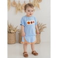 thumbnail image 3 of RUINIXCW Toddler Baby Girl Halloween Outfit Kids Little Girl Summer Fall Clothes Pumpkin Football Embroidery Short Sleeves T-Shirt and Plaid Ruffles Shorts Set, 3 of 9