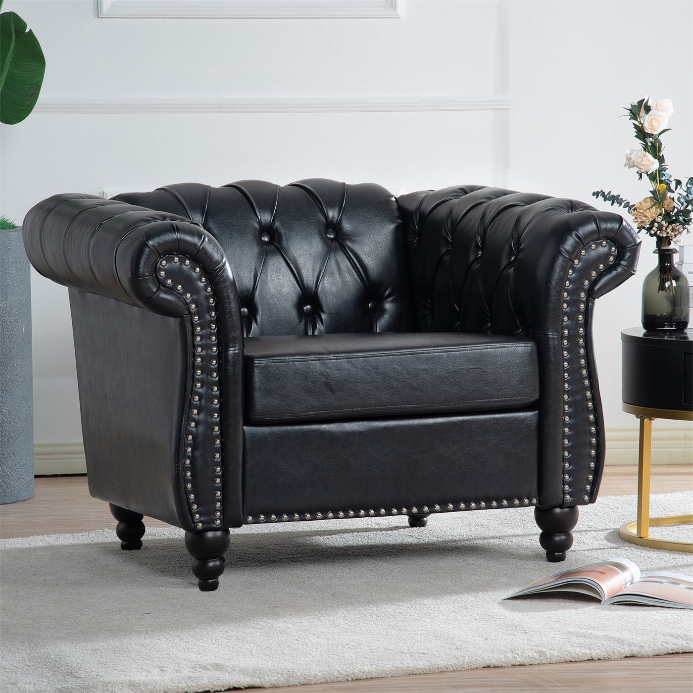 1 Seater Rolled Arm Chesterfield Sofa, PU Leather Upholstered Sofa