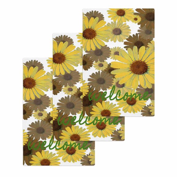 Spring Flowers Kitchen Dish Towels for Drying Dishes Set of 3, Farmhouse Botanical Brown Yellow Daisy Waffle Weave Microfiber Hand Tea Bathroom Towels Quick Dry & Absorbent Towel 15.7x23.6