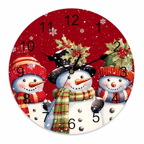 Wall Clock 14 Inch Red Christmas Snowmen Round Silent Decorative Wall Clocks Battery Operated for Living Room Bedroom Kitchen Classroom Decor, Winter White Snowflakes,Large