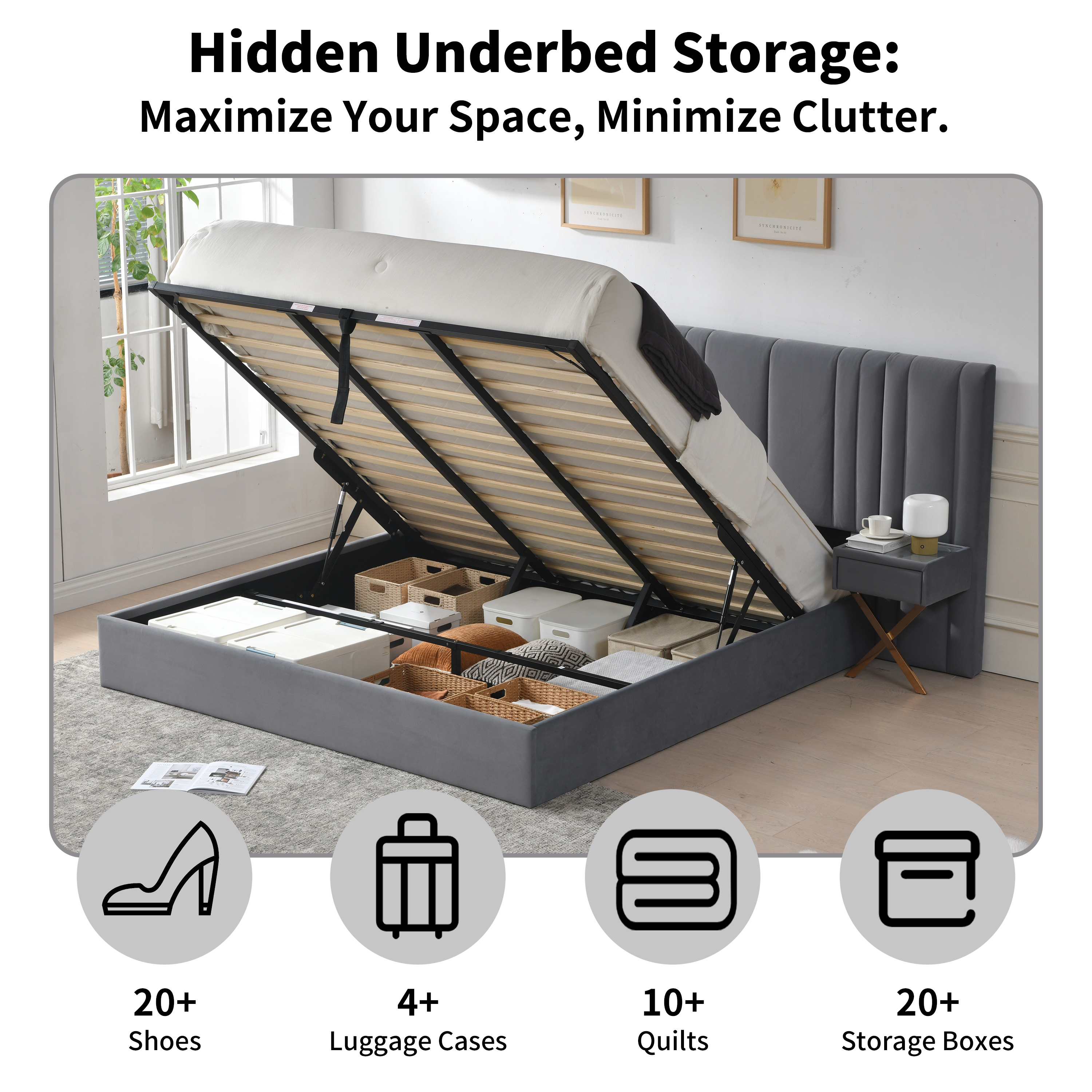 King Size Bed Frame with Built-in Nightstands, Lift Up Storage Bed with Oversize Upholstered Headboard, Luxury Bed Frame with Underneath Storage, Wood Slats Support, No Box Spring Needed, Gray