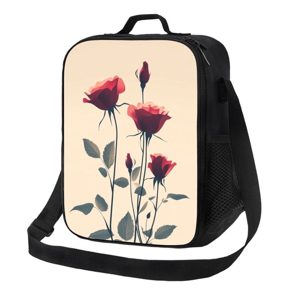 Red Rose Flower Lunch Bag Reusable Lunch Box Insulated Tote Bag with Adjustable Shoulder Strap