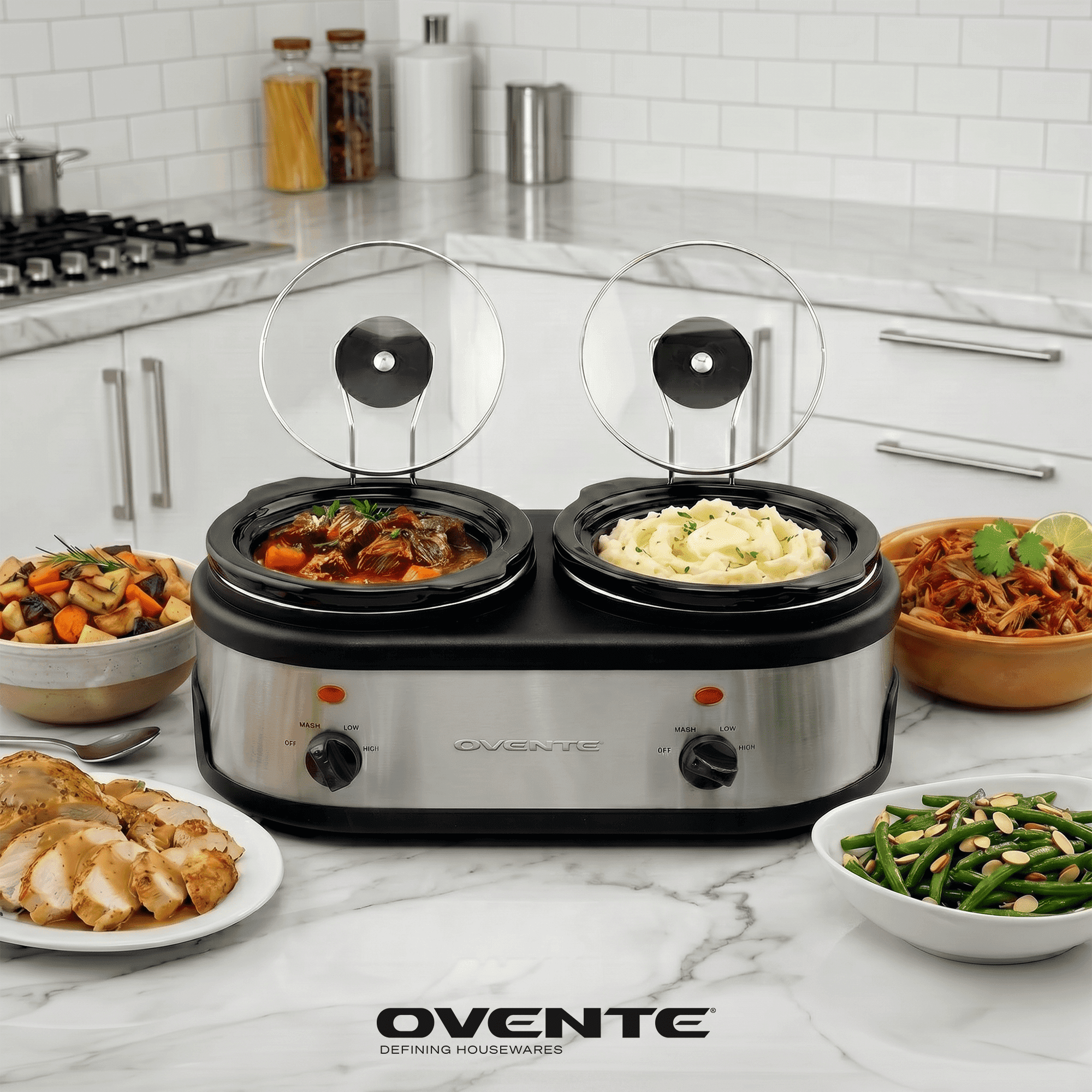 OVENTE Double Slow Cooker, Buffet Server and Warmer with Two 1.5Qt Removable Ceramic Pot, Adjustable Temperature Control and Tempered Glass Lid for Parties, Gatherings and Holidays, Silver SLO215BR