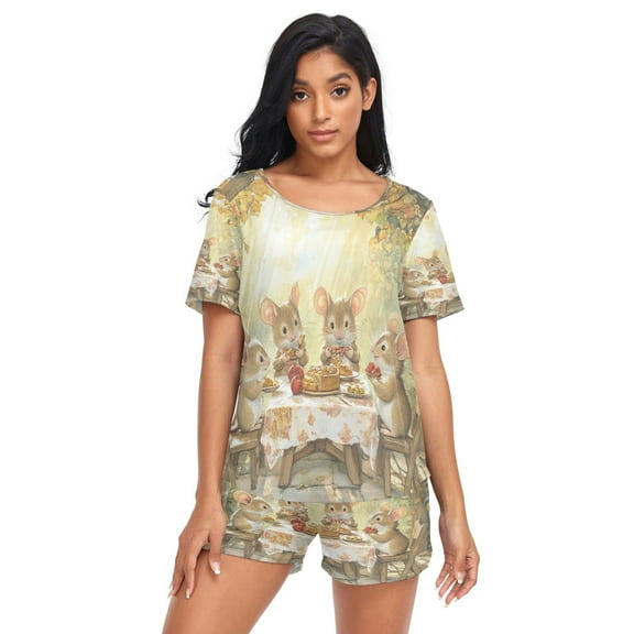 Women Pajama Sets Short Sleeve Sweatshirts Mices Eating Cake Casual Tops and Shorts