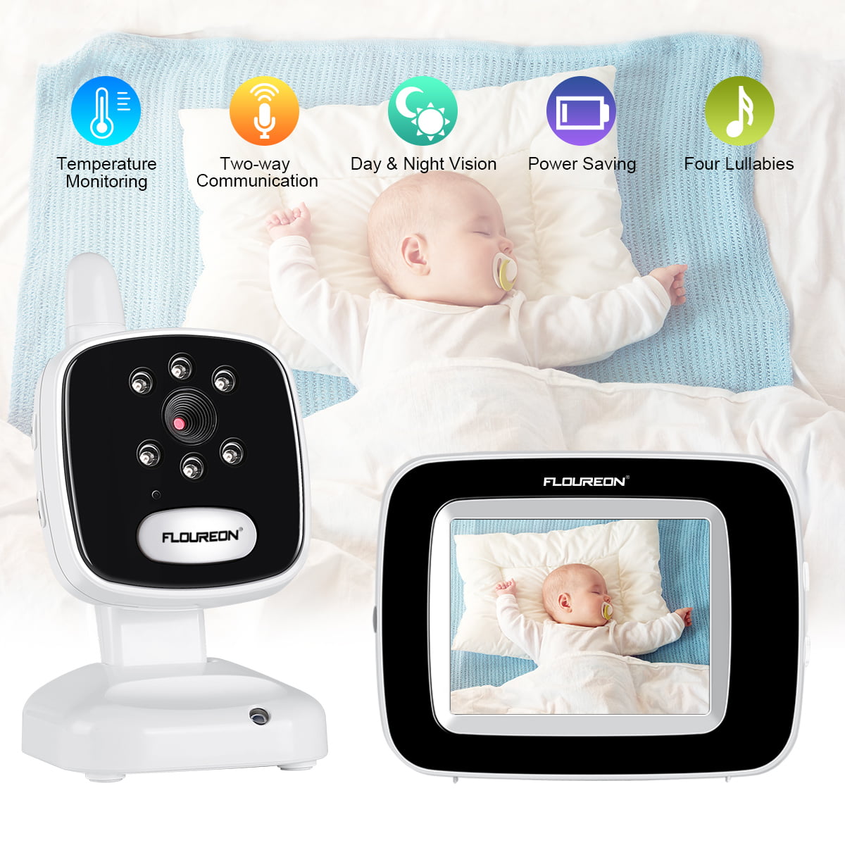 3.5 inch Baby Monitors with Camera and Audio Night Vision,Support Multi Camera,ECO Mode,Two Way Talk Temperature Sensor,Built-in Lullabies Video Baby Monitor 3.5 Large LCD Screen Baby Monitor 