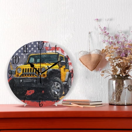 10 Quartz Indoor Wall Clock Silent Mechanism / Yellow Jeep Car Pattern