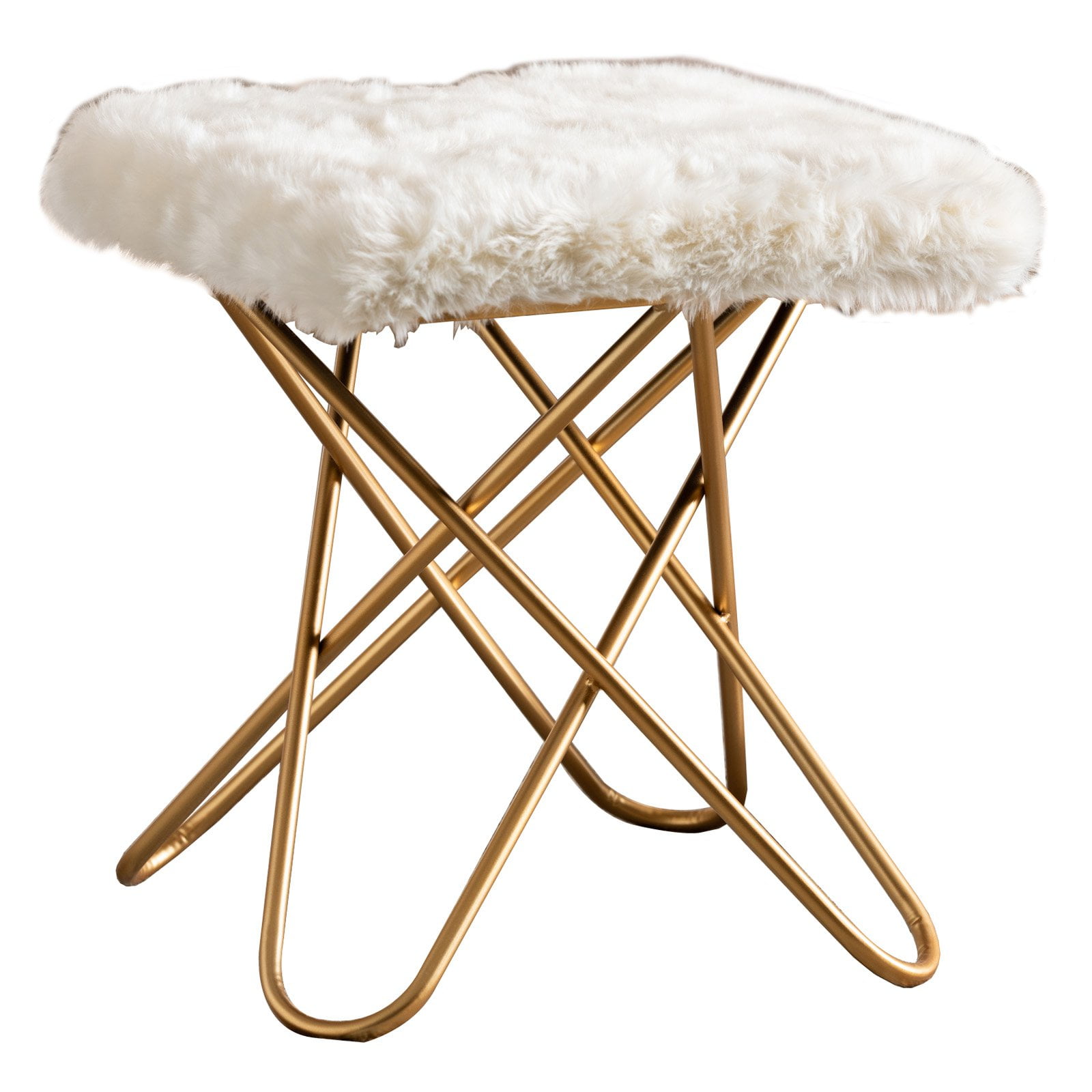 Baxton Studio Valle Glam / Luxe Faux Fur Upholstered Metal Ottoman