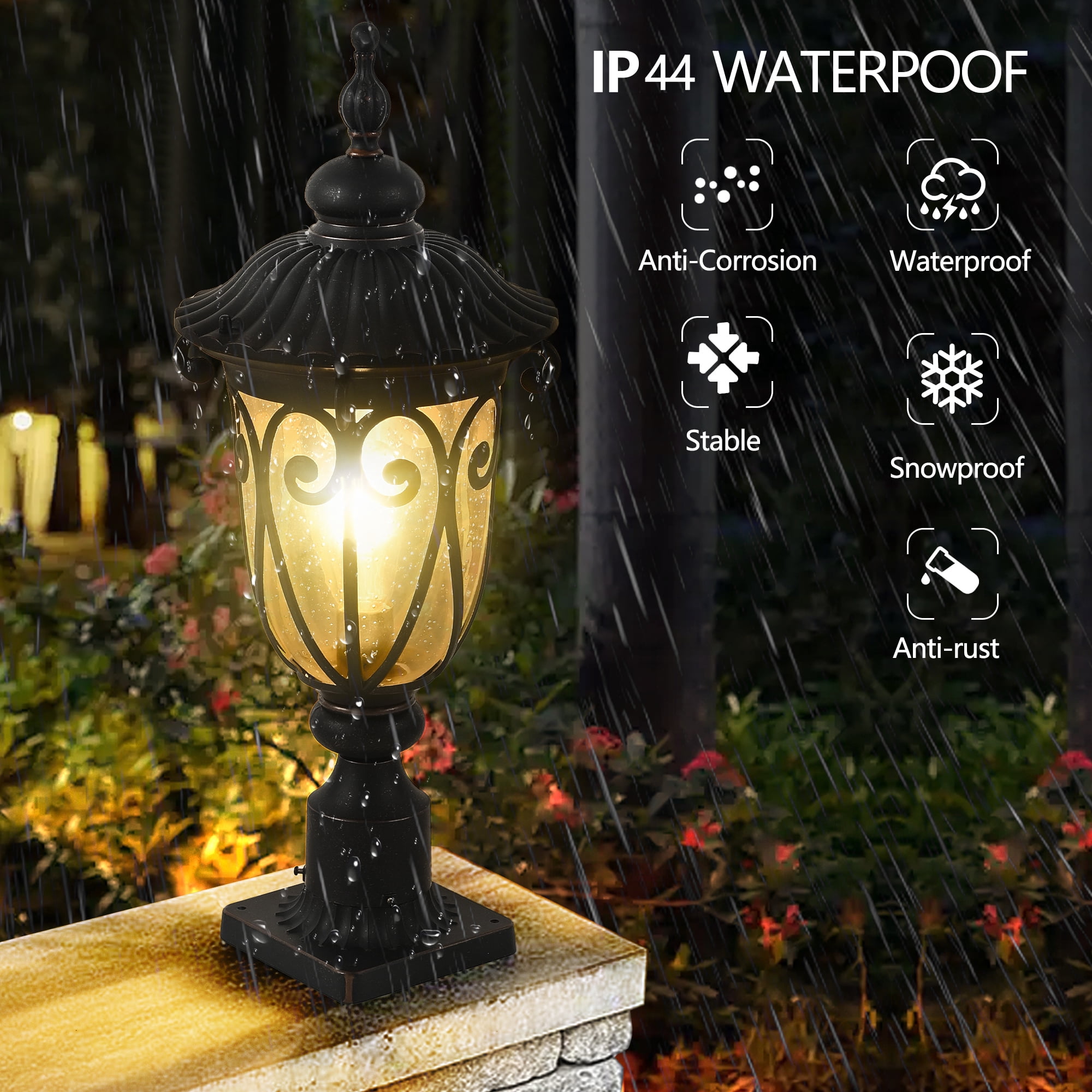 Outdoor Post Light Fixture with Pier Mount, 24 Inch High Vintage Post Lamp for Yard, Antique Bronze Exterior Waterproof Pole Lantern with Seeded Glass Shade, Aluminum