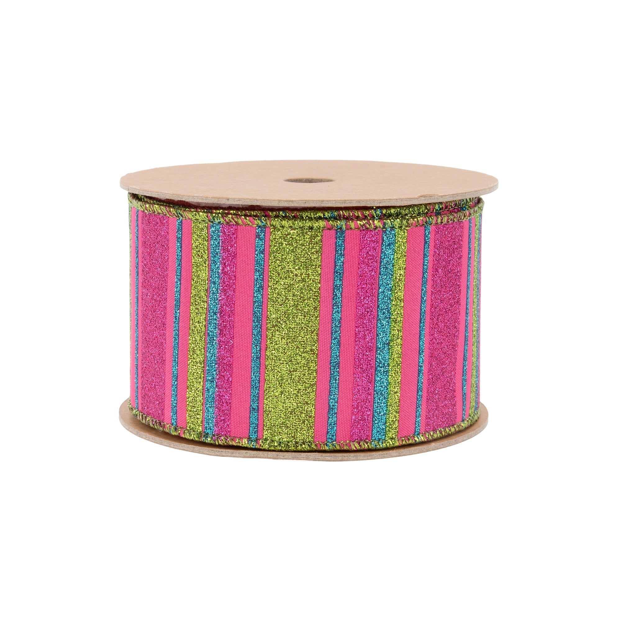 LaRibbons 2 1/2" Wired Ribbon, Multi Colored Stripes on Hot Pink, 10 Yard Roll