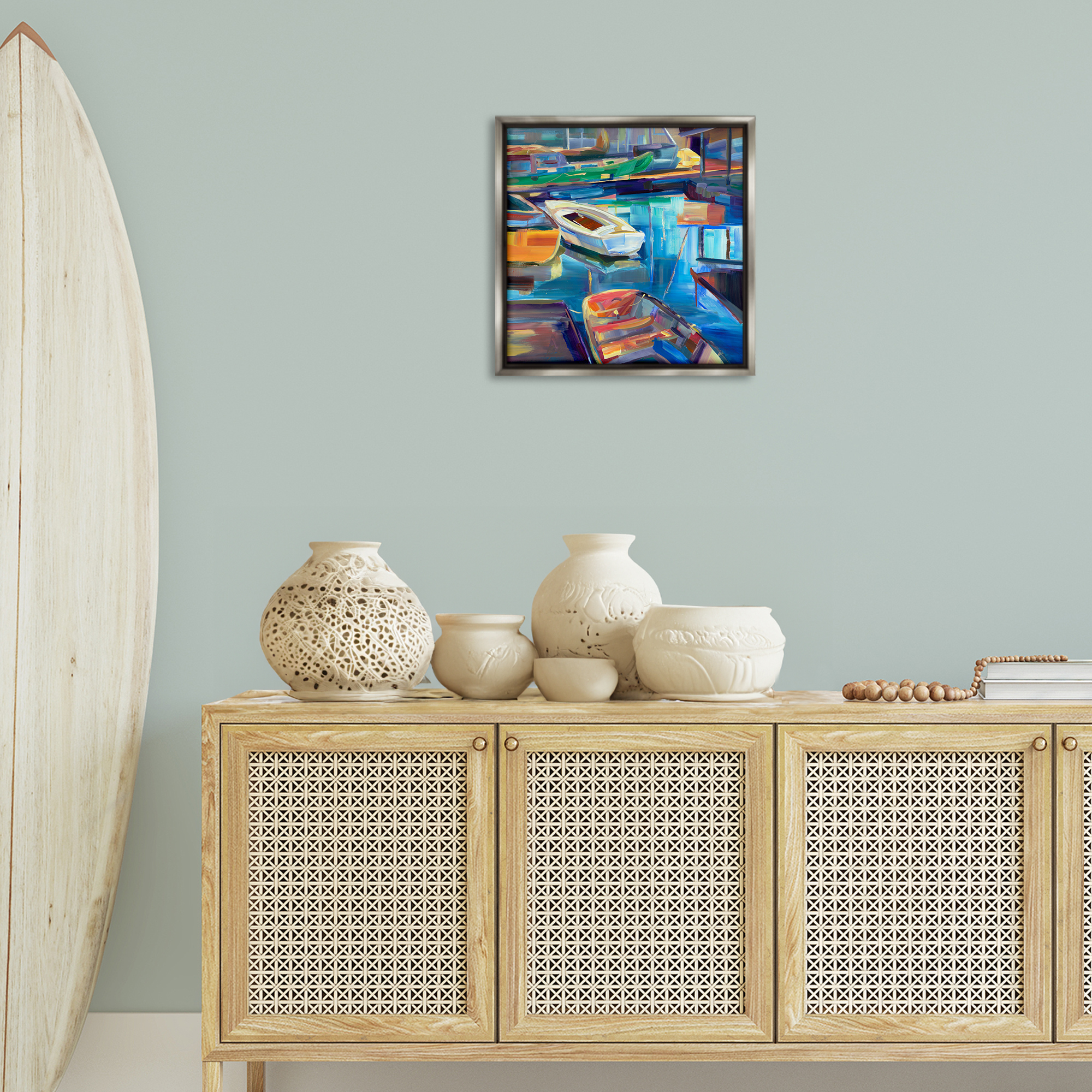 Stupell Industries Boat Marina Abstraction Transportation Painting Gray Floater Framed Canvas Art Print Wall Art, 18 x 18