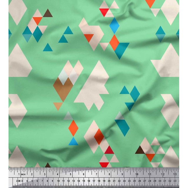 Soimoi Green Modal Satin Fabric Geometric Abstract Print Sewing Fabric Yard 42 Inch Wide
