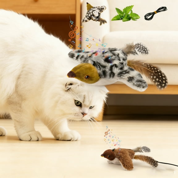 Interactive Flapping Bird Cat Toy, Flying Bird Simulation with Chirping Sound and Remote Control, Electric Indoor Cat Toy for Hunting Play (Grey)