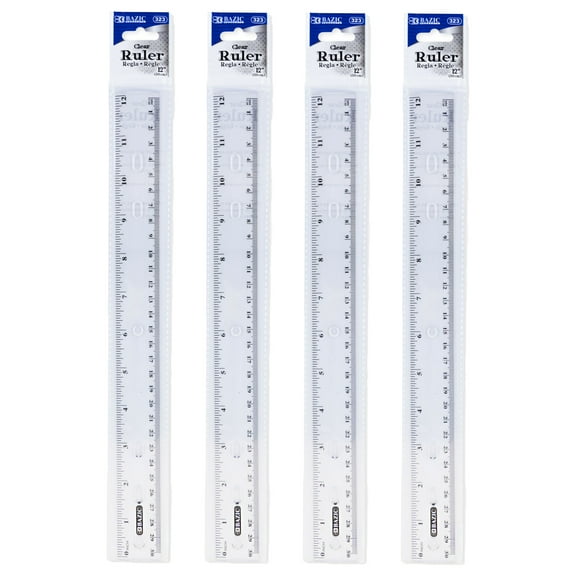 BAZIC Plastic Clear Rulers 12 inch (30cm), Inches Centimeter Metric Long Straight Edge Ruler, 4-Pack