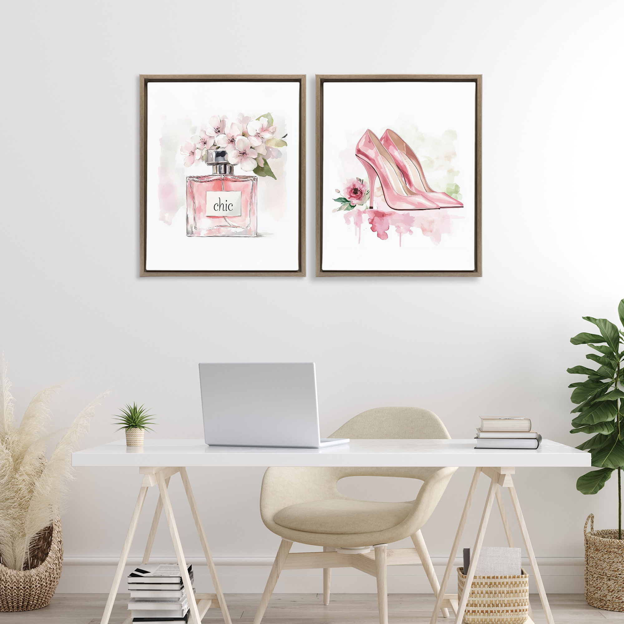 Rosy Pastel Perfume & Heels 2 Piece Brown Framed Floater Canvas Set, design by Christine Simpson Art