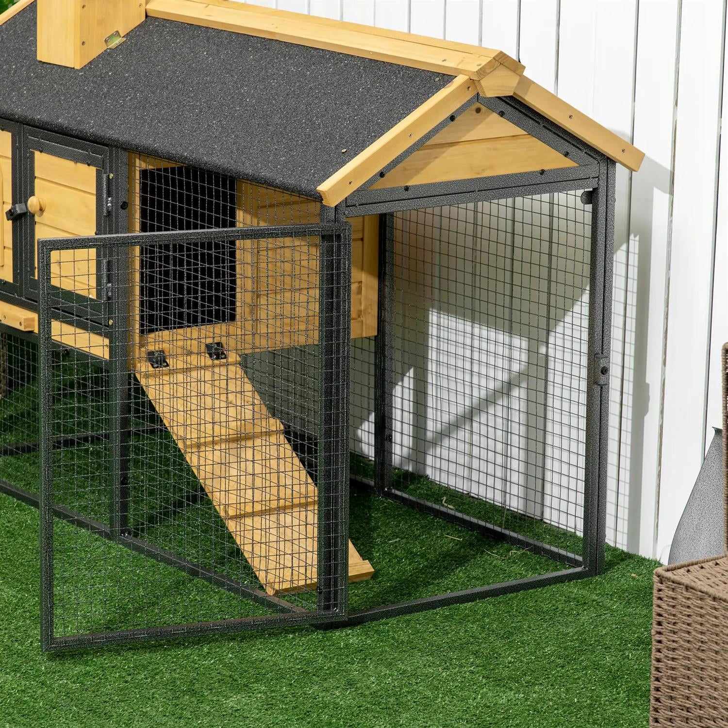 Pefilos 47" Metal Frame Wooden Rabbit Hutch with Run, Trays and Ramp, Outdoor Bunny Enclosure Guinea Pig Cage for Small Animals, Yellow