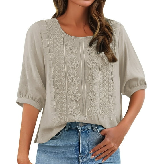 Outfmvch Linen Shirts for Women 3/4 Length Sleeve Womens Tops Retro Tops for Women Womens Embroidered Top Embroidered Shirts for Women Gauze Tops for Women Cotton Blouses for Women Beige L