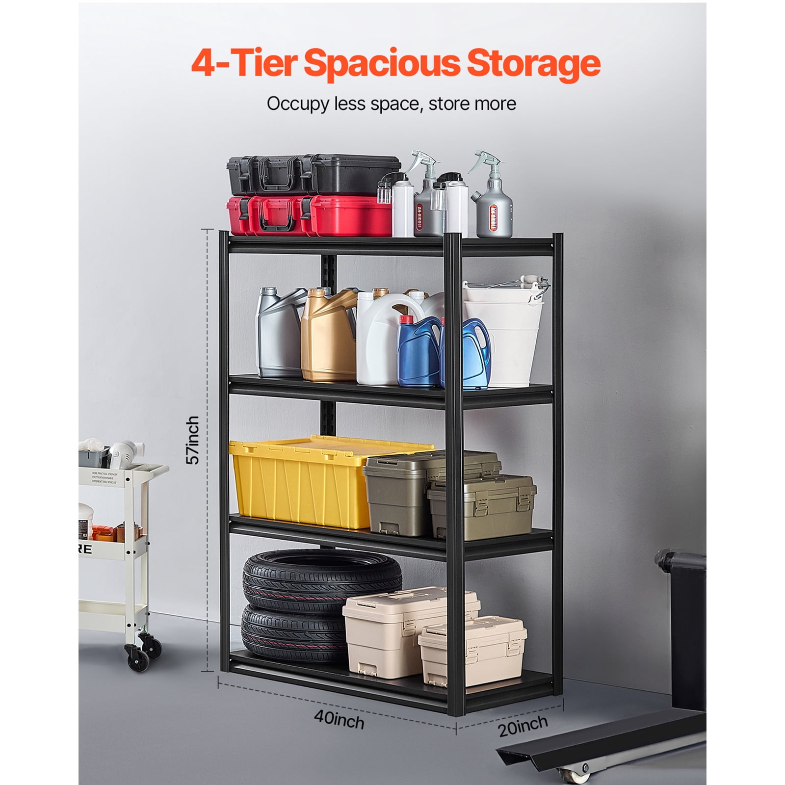 KFFKFF Storage Racks, 2400 lbs Capacity, Quadruple Layer Garage Storage Organizer, 20" Depth x 40" Width x 57" Height, Adjustable Metallic Racks for Garage Utility Rack Shelf, Black