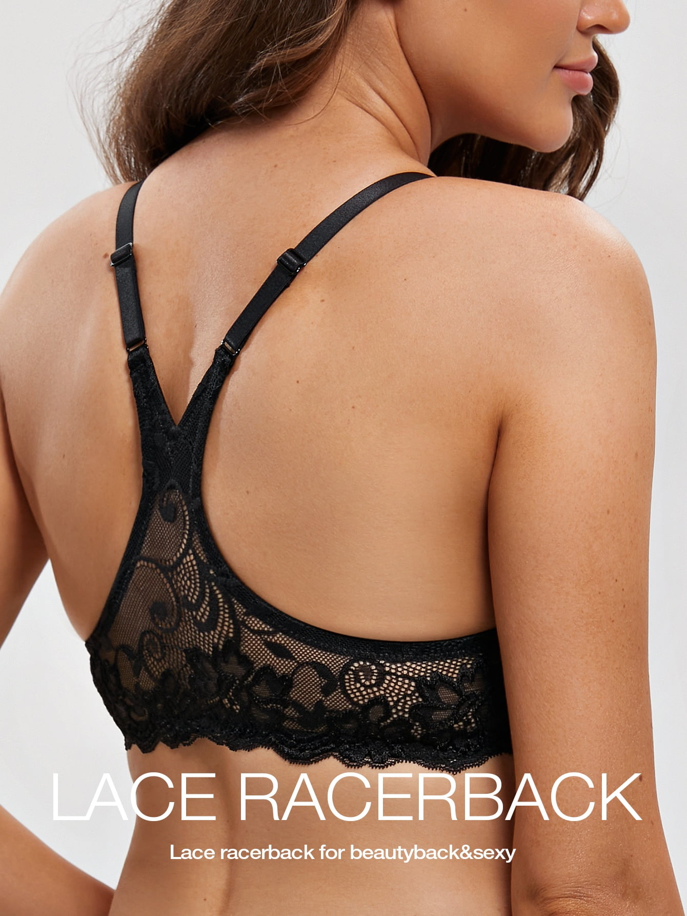 Deyllo Women's Lace Front Clourse Push Up Bra Padded Plunge Underwire Racerback Bra, Black 32DDD