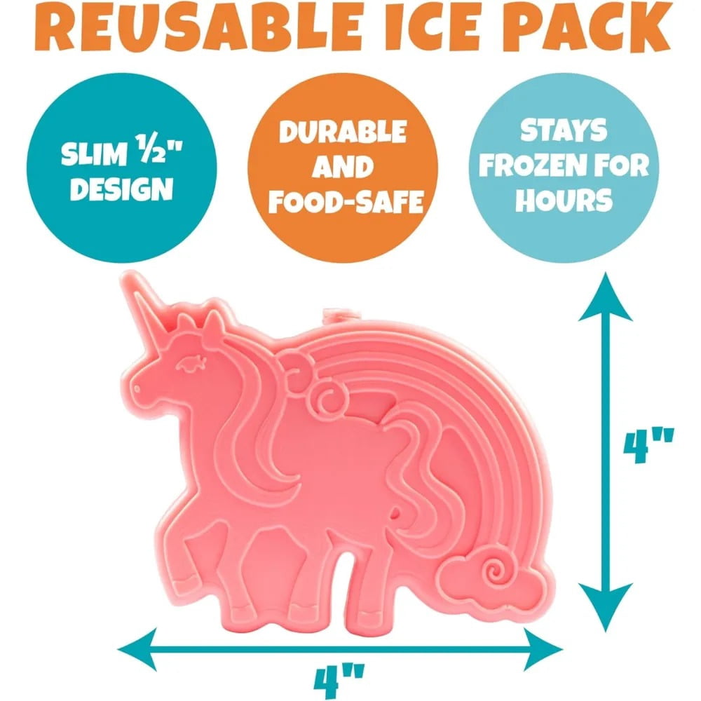 Bentology Kids Lunch Bag Set w Matching Reusable Water Bottle & Hard Ice Pack- Pink Rainbow Unicorns- Insulated Tote, Stainless Steel Insulated Thermos, Hard Ice Pack- For Kids, Girls & Boys