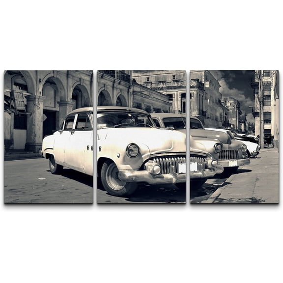 wall26 - 3 Piece Canvas Wall Art - Panoramic View of Shabby Old Havana Street with Vintage Classic American Cars - Modern Home Art Stretched and Framed Ready to Hang - 16"x24"x3 Panels