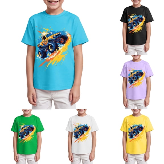 TTUHYWXI Boys T-Shirt Tee for Kids Short Sleeves Shirt Tractor Excavator Monster Truck Tops Clothes Cotton 2-7T (Black, 2-3 Years)