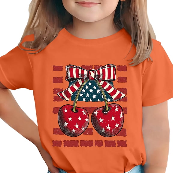 4th of July Girls Patriotic Shirt American Flag Cherry Bow Graphic Tee Kids Independence Day Summer Top Orange,Size 7-8T