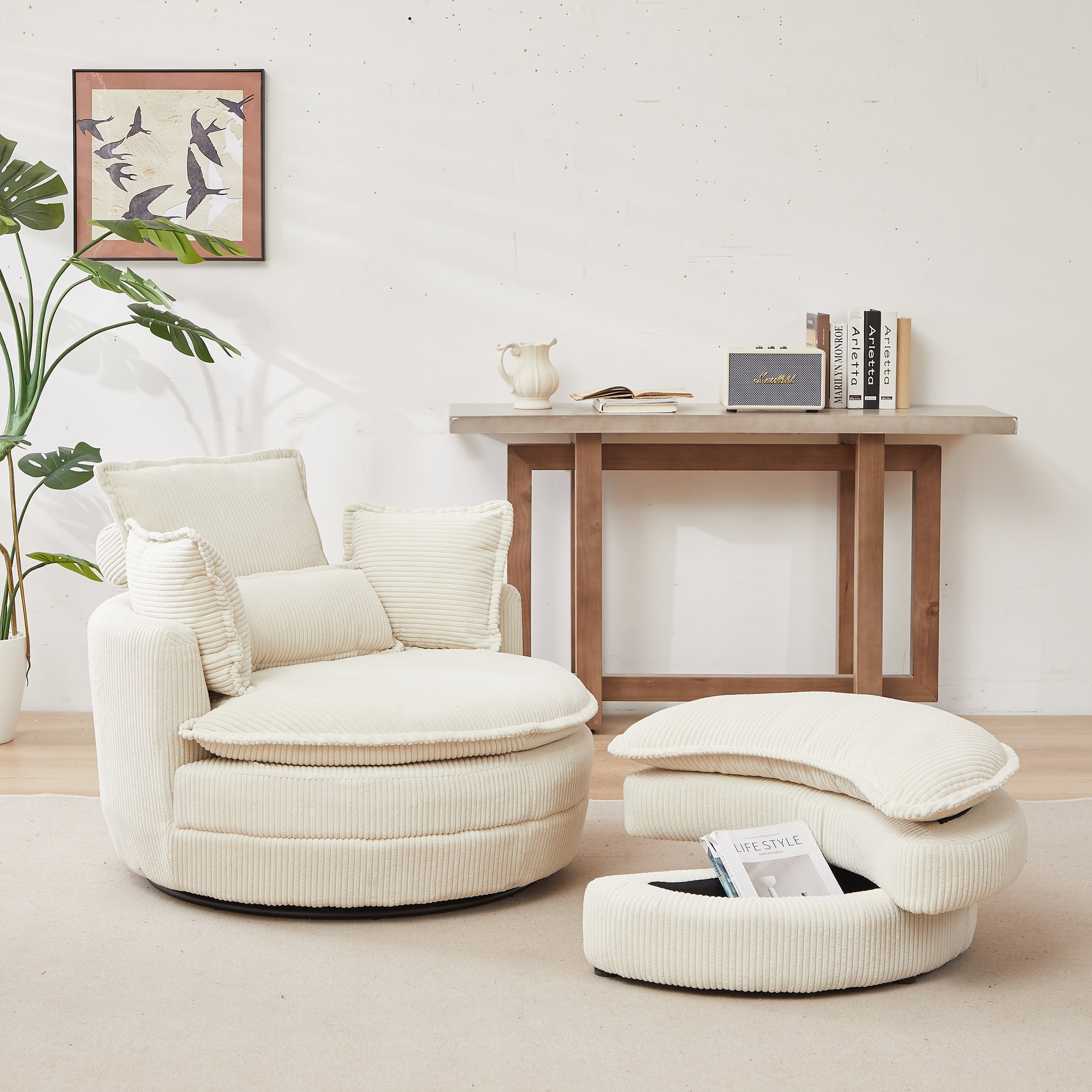 Dinosisco 38"W Oversized Swivel Accent Barrel Chair with Storage Ottoman, Beige Corduroy