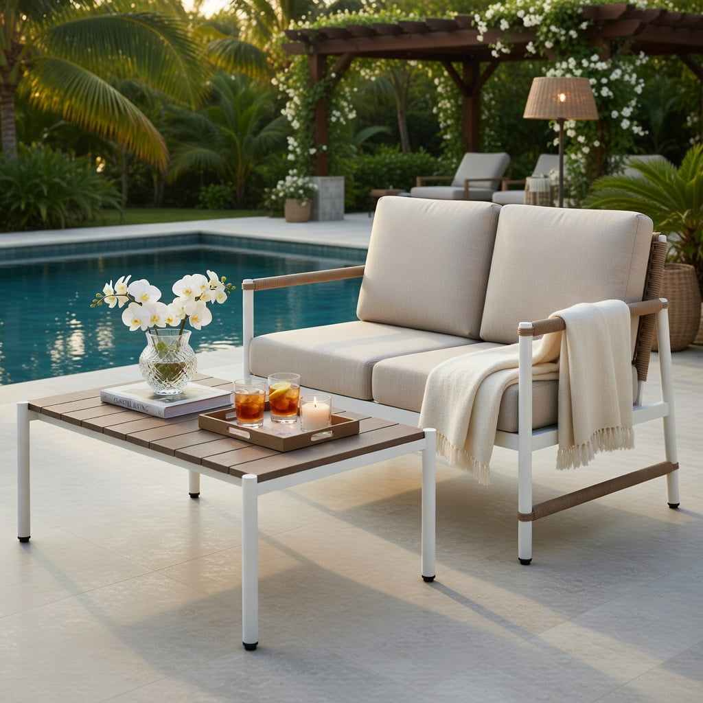 Hommoo Outdoor Patio Loveseat Sofa & Coffee Table Set, Rust-Resistant Aluminum Frame, Thick High-Density Cushions, Modern PE Rattan Design for Backyard, Poolside & Balcony, Gray