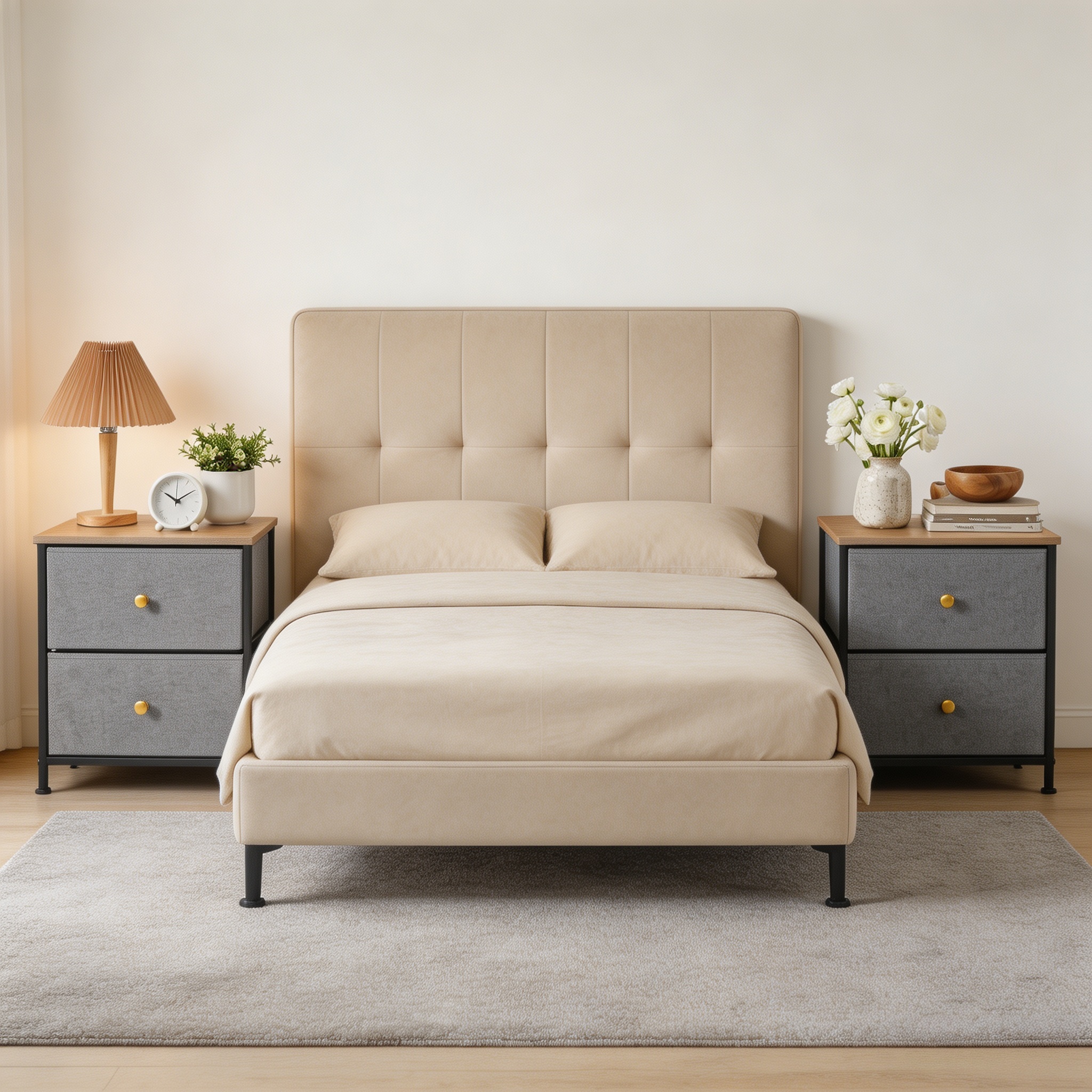 Double Drawer Bedside Table for Bedroom Living Room Storage