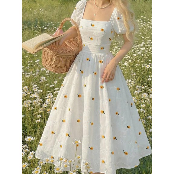 White Embroidered Daisy Midi Dress With Puff Sleeves, Square Neck, Fitted Waist
