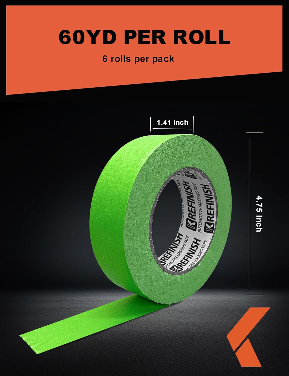 Heat-Resistant Automotive Masking Tape for Paint Booths, Green No-Residue Painters Tape, 1.41 Inch x 60 Yard Rolls, Pack of 6