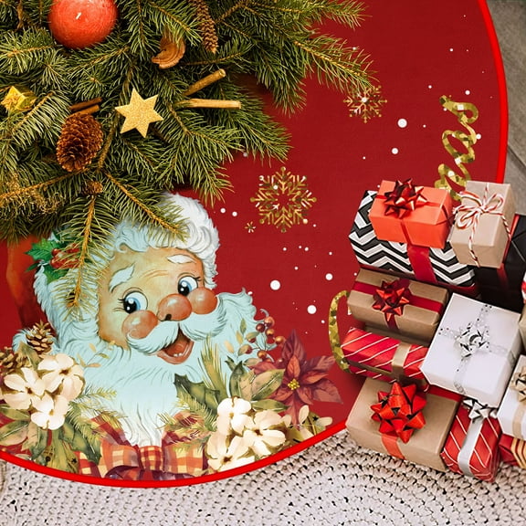Christmas Tree Skirt Red and Gold Christmas Decorations, Xmas Tree Skirt Mat with Santa Claus Snowflake Pattern for Indoor Outdoor Merry Christmas Holiday Party Decor 48 Inches