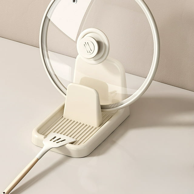 Soporte para tapas de ollas y utensilios | Organizador de cocina de plástico blanco | Base antideslizante con ranura de drenaje | Almacenamiento de encimera para cucharas y espátulas | 19,7 x 12,3 x