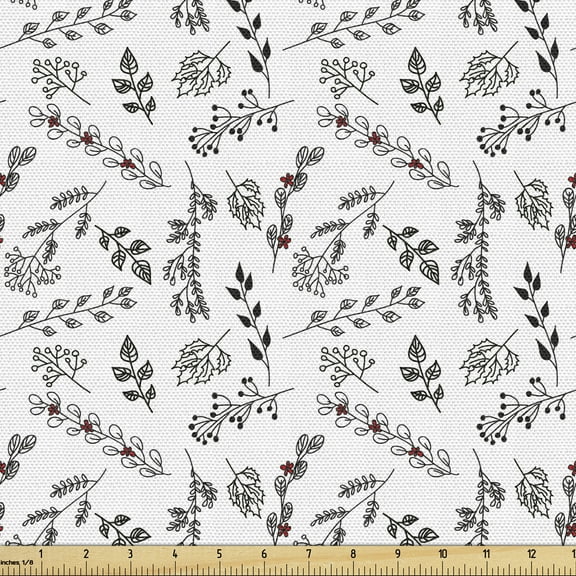 Floral Sofa Upholstery Fabric by the Yard, Different Style Branches with Leaves in Continuous Pattern, Decorative Fabric for DIY and Home Accents, White Charcoal Grey by Ambesonne