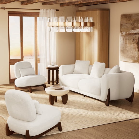 Modern Boucle Fabric Sofa Set - 1 Sofa and 2 chairs with Sleek Wooden Legs for Living Room or Home Office - Farati