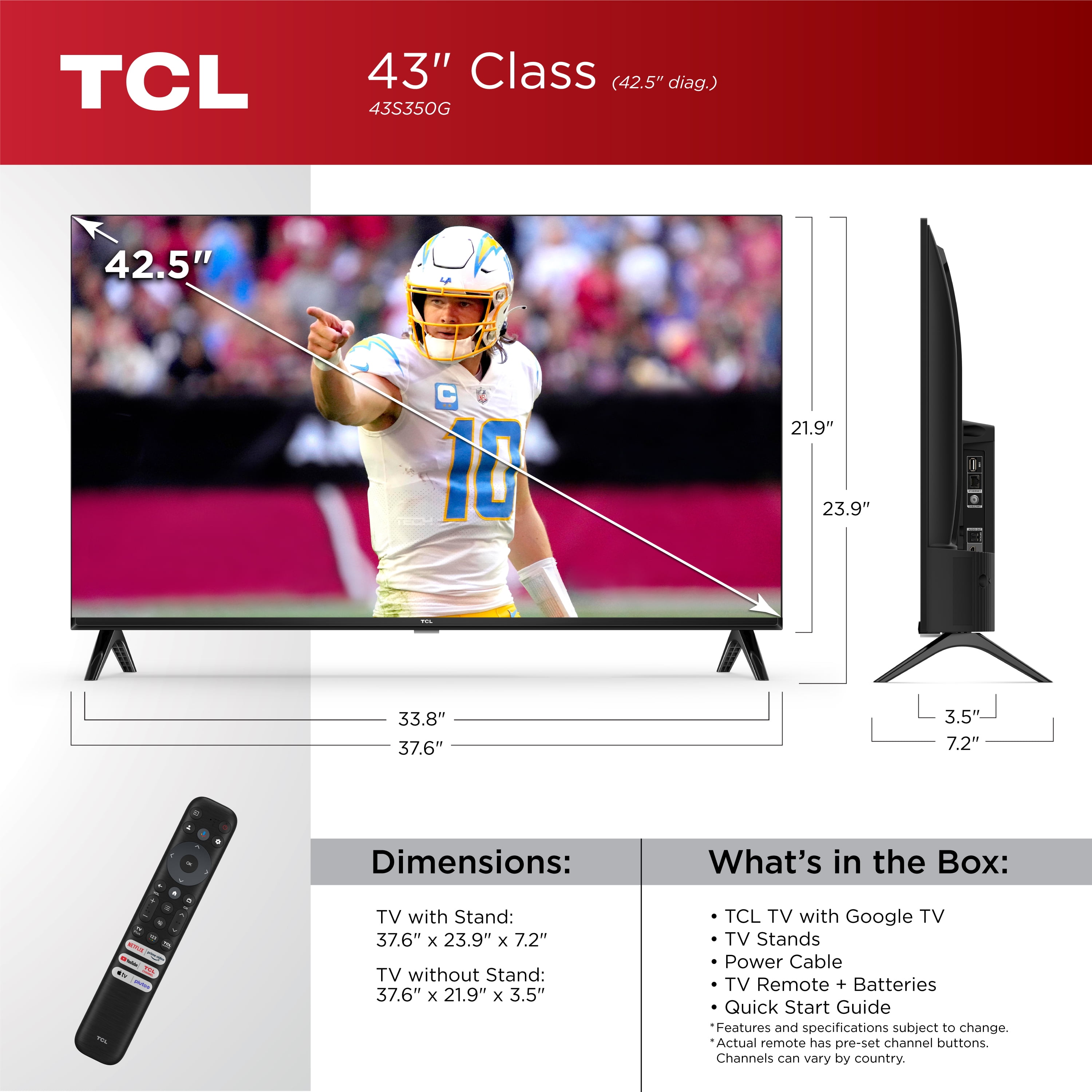 TCL 43” Class S Class 1080p FHD HDR LED Smart TV with Google TV