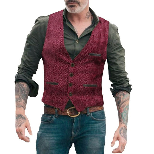 Men's Solid Color Buttoned Suit Vest Herringbone Pattern Fashion Casual Vest - Polyester/Spandex, V-Neck, Pocket, Trendy Western Style