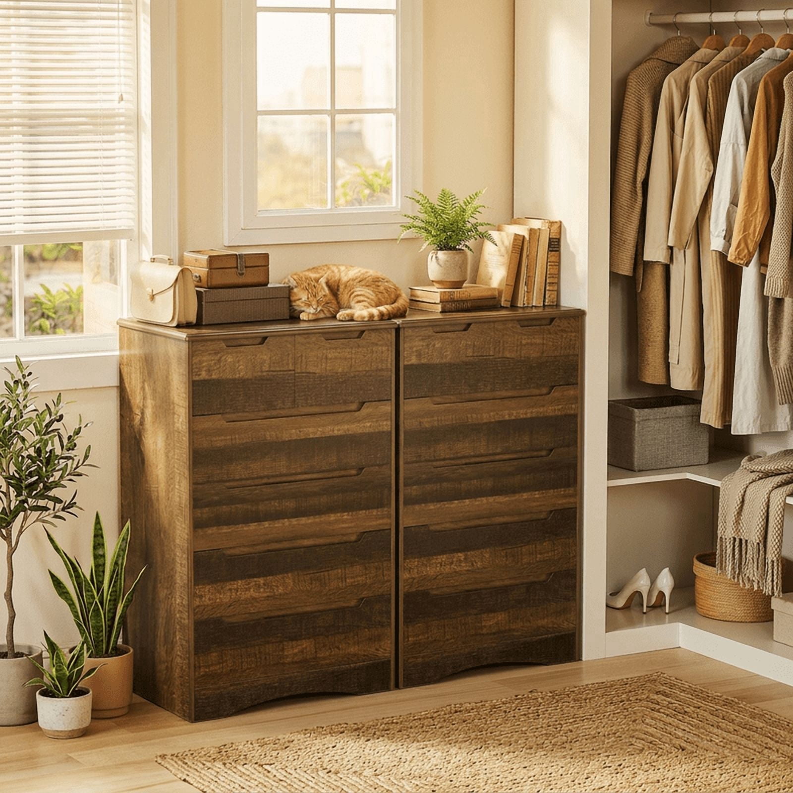 Aiho Dresser with 6 Drawers, Wood Tall Chest, Built-in Handle Drawers for Bedroom, Home, Living Room, Hallway - Brown