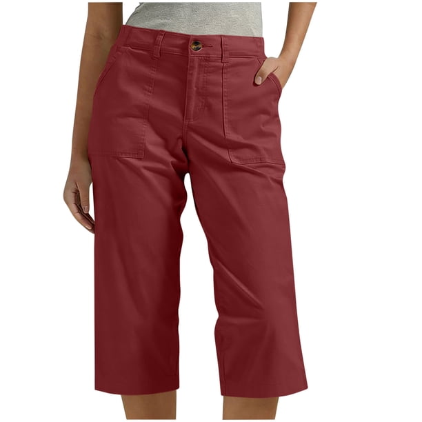 TaTaai Women's Elastic Waist Cargo Pants 7/8 Length Straight Leg Casual Trousers with Multiple Pockets Solid Color for Utility Work and Outdoor Casual Wear Gift