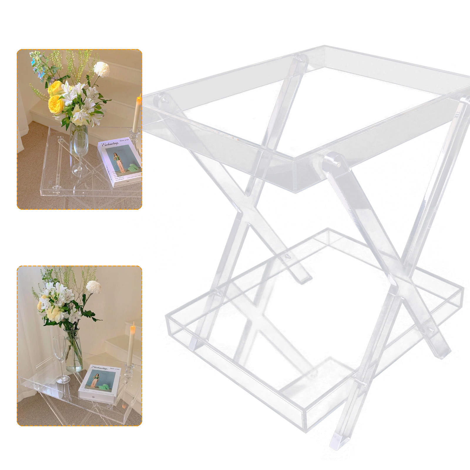 ANQIDI 2Layer Clear Acrylic Tray Table Modern End Table for Office
