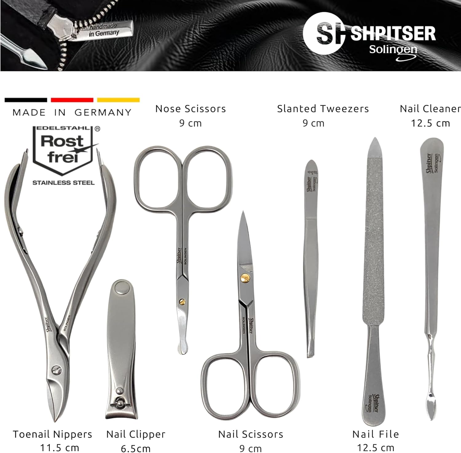 SHPITSER Professional 7pc TopInox Surgical Stainless Steel Tools Manicure Pedicure Set in Genuine Durable Leather Case Handmade in Solingen Germany for Nail and Cuticle and Nose Care