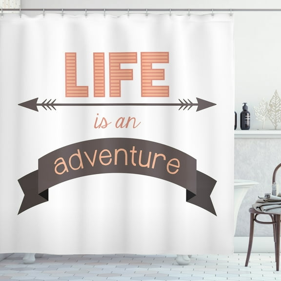 Adventure Shower Curtain, Typography of Life is an Adventure Lettering on Plain Backdrop Print, Fabric Bathroom Set with Hooks, 69W X 70L Inches, White Grey and Peach, by Ambesonne