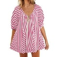 thumbnail image 2 of Pitauce Rompers for Women Summer Casual Striped Puff Short Sleeve Wide Leg Shorts Oversized Adjustable Neck One Piece Jumpsuits with Pockets, 2 of 5