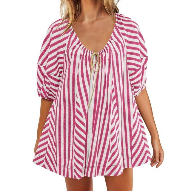 cfhntfmh Oversized Rompers for Women Fashion Striped Scoop Neck Back Keyhole Short Jumpsuit Flowy Half Sleeve Summer Outfits