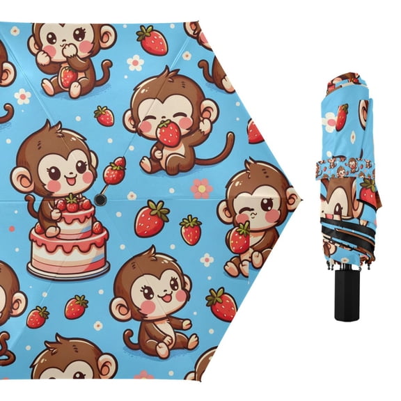 Cute Monkey on Cake Compact Sun Umbrella Windproof Travel Umbrellas for Rain Strong Portable UV Protection